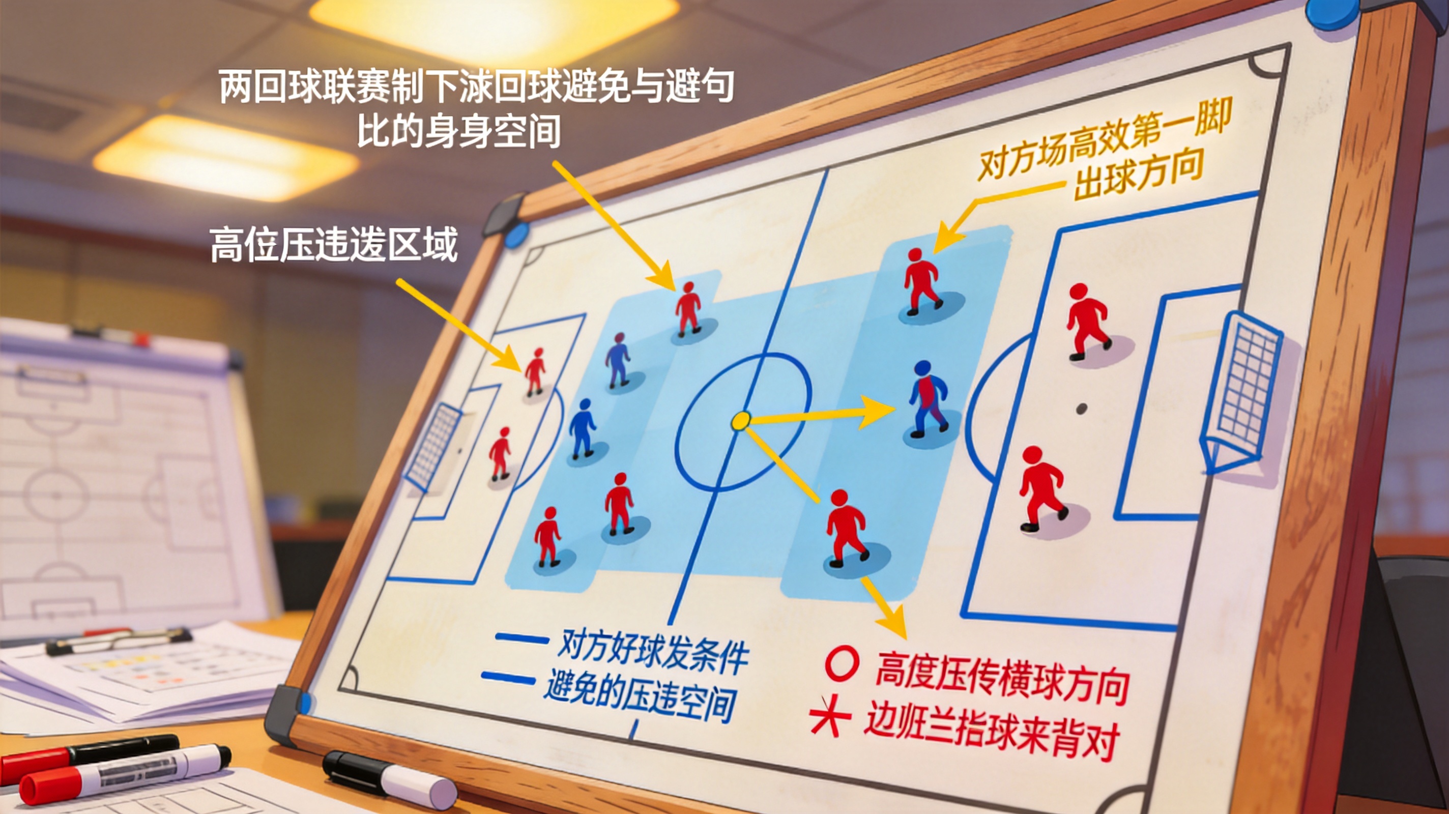 足球战术分析板上标注中场站位与高位压迫区域